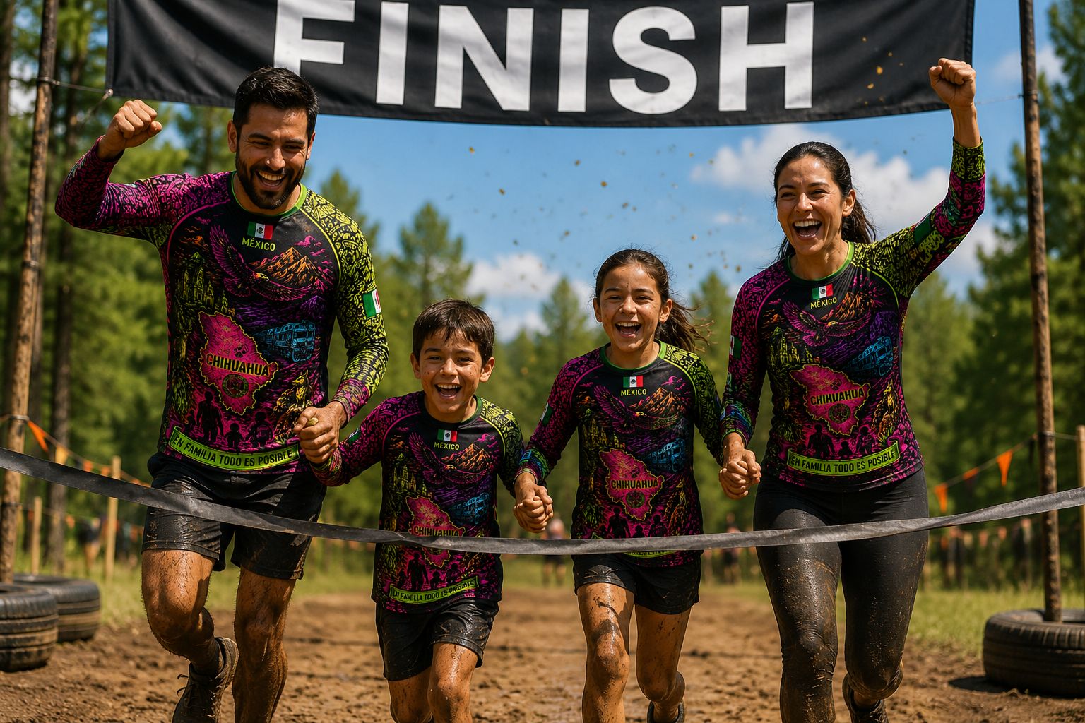 Familia cruzando la meta en Family Adventure Challenge